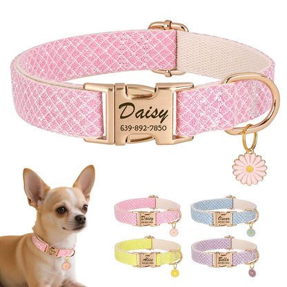 Custom Bling Nylon Dog Collar Free Engraved Puppy Dog ID Name Collars With Cute Flower Tag Accessory For Small Medium Dogs Cats