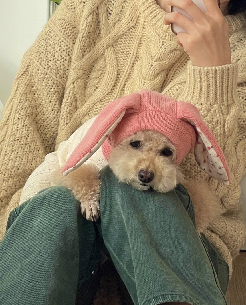 Dog Hat Autumn Winter Windproof Warmth Cover Cute Rabbit Ears Knitted Pet Cap Pink Ins Dogs Headwear New  Kitten Puppy Earmuffs
