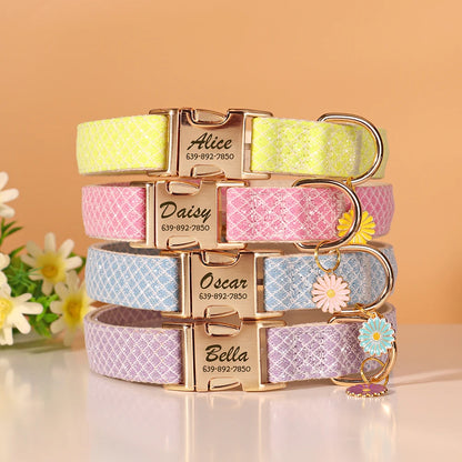 Custom Bling Nylon Dog Collar Free Engraved Puppy Dog ID Name Collars With Cute Flower Tag Accessory For Small Medium Dogs Cats